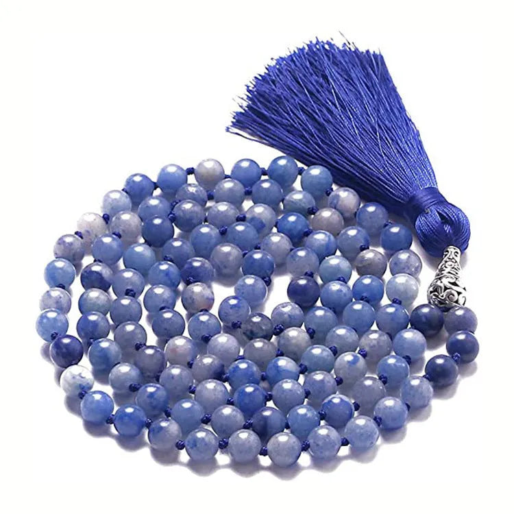 Long unisex agate and amethyst tassel necklace with blue stone pattern, measuring 95-100cm.