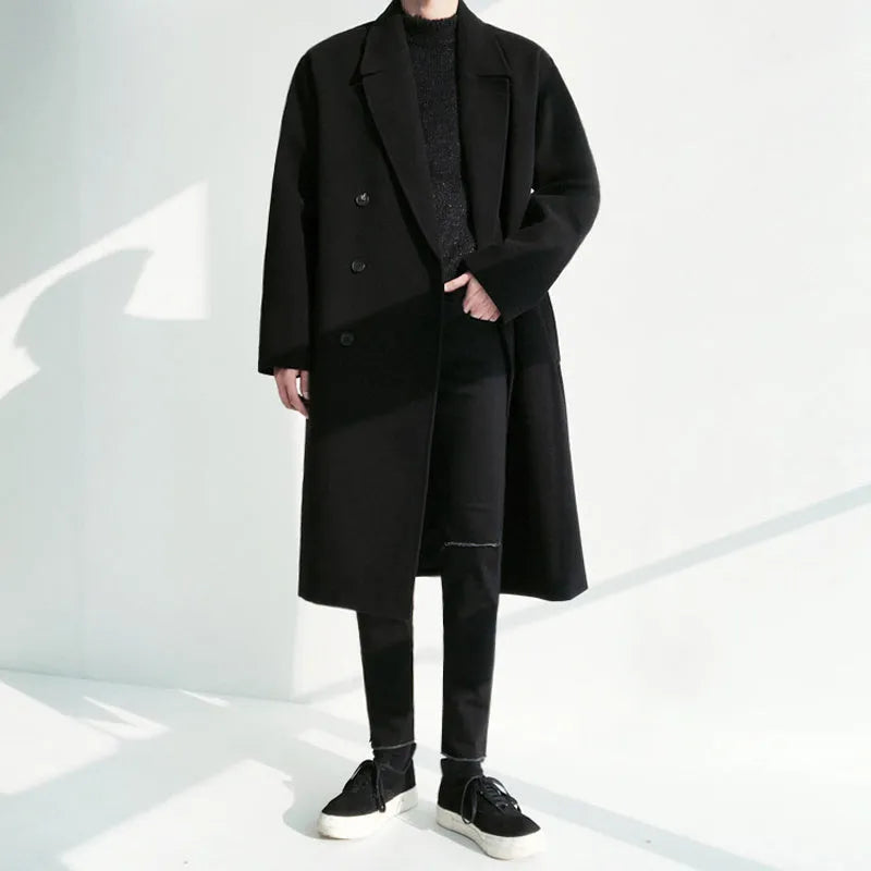 Winter woolen coat with suit collar, single-breasted, loose fit, side slit pockets, in black colour