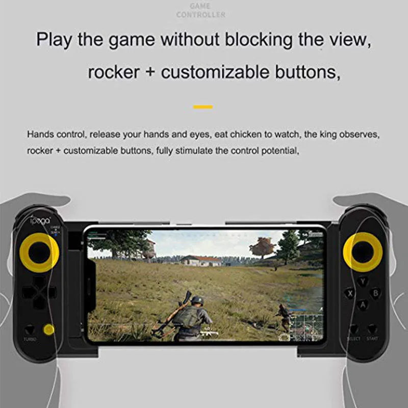 Ipega PG9167 wireless Bluetooth game controller in black ABS plastic with telescopic bracket extended, holding a smartphone for mobile gaming