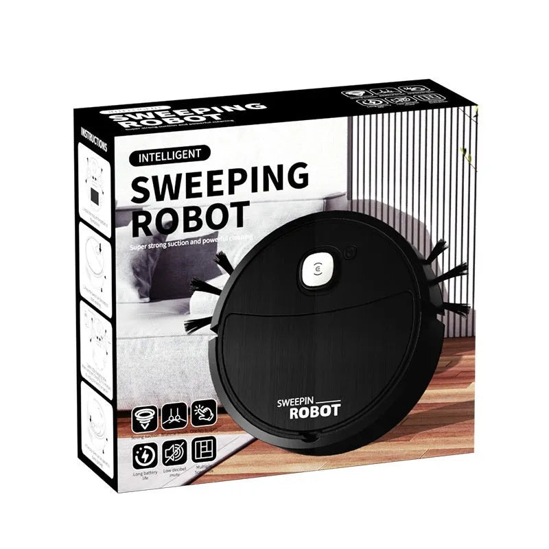 Mini sweeping robot vacuum in white with edge brush and fibre mop on hard floor