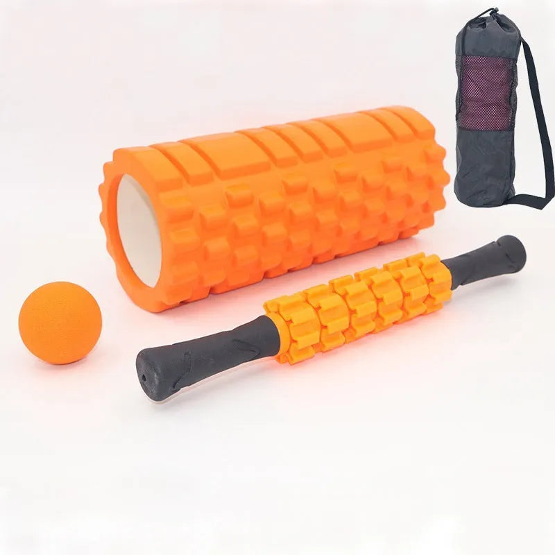 Black six-piece foam roller with gear bar massage design, 33cm length