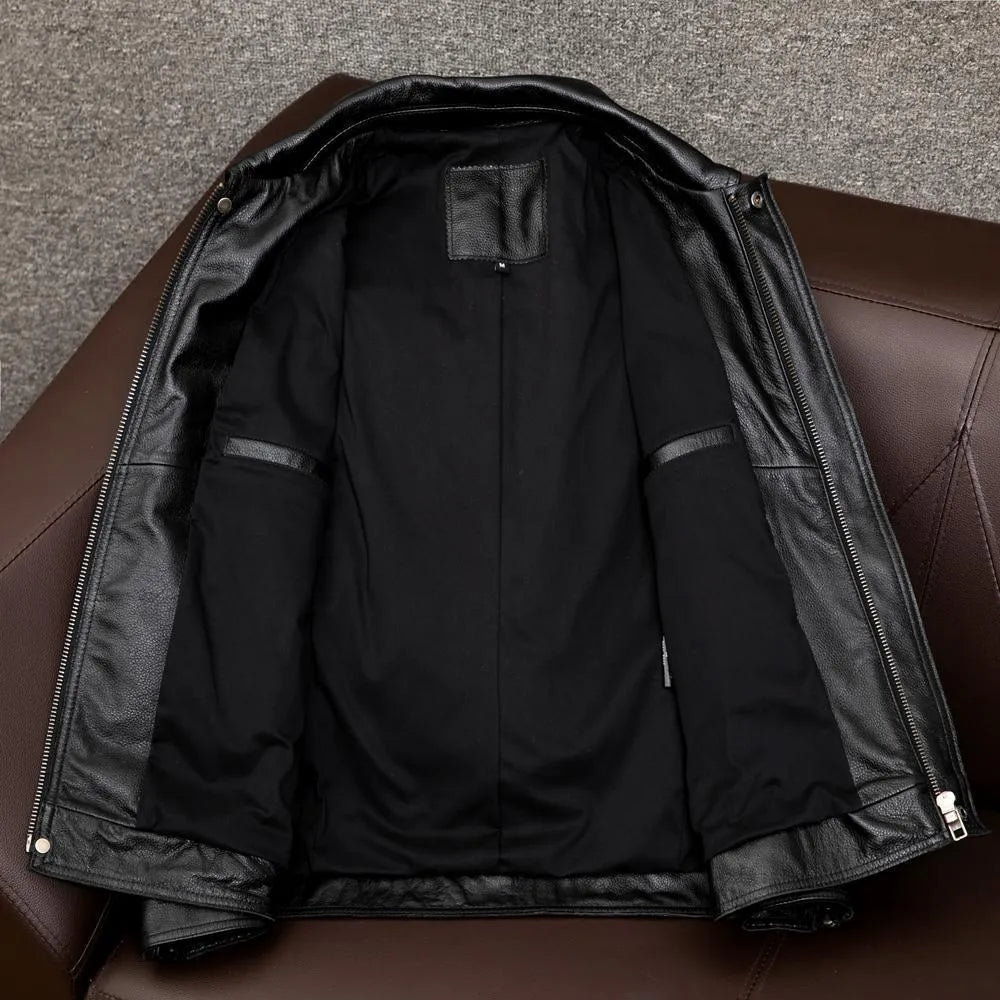 Men's loose fit lapel short leather jacket in retro Kaji style, side seam pockets
