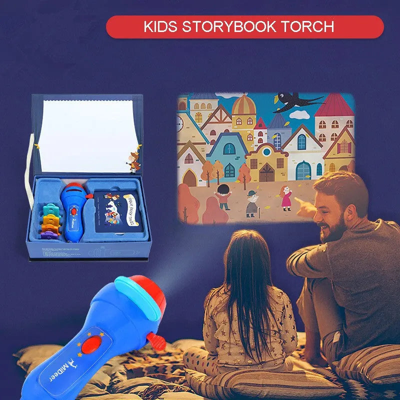 SmartKids children's story projector torch with rotating fairy tale discs projecting images on wall