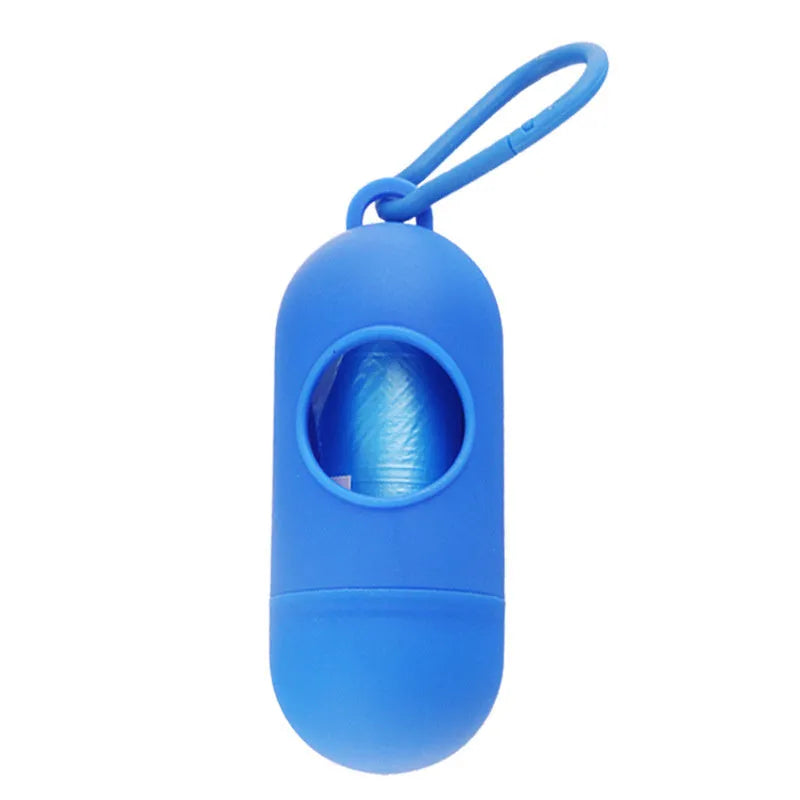 Small rectangular dog poop bag holder with a Velcro strap and metal hook, shown in a choice of colours.