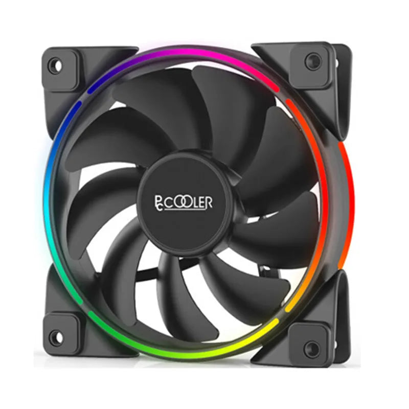 Three black 120 mm PC chassis fans with RGB lit blades on a dark background.