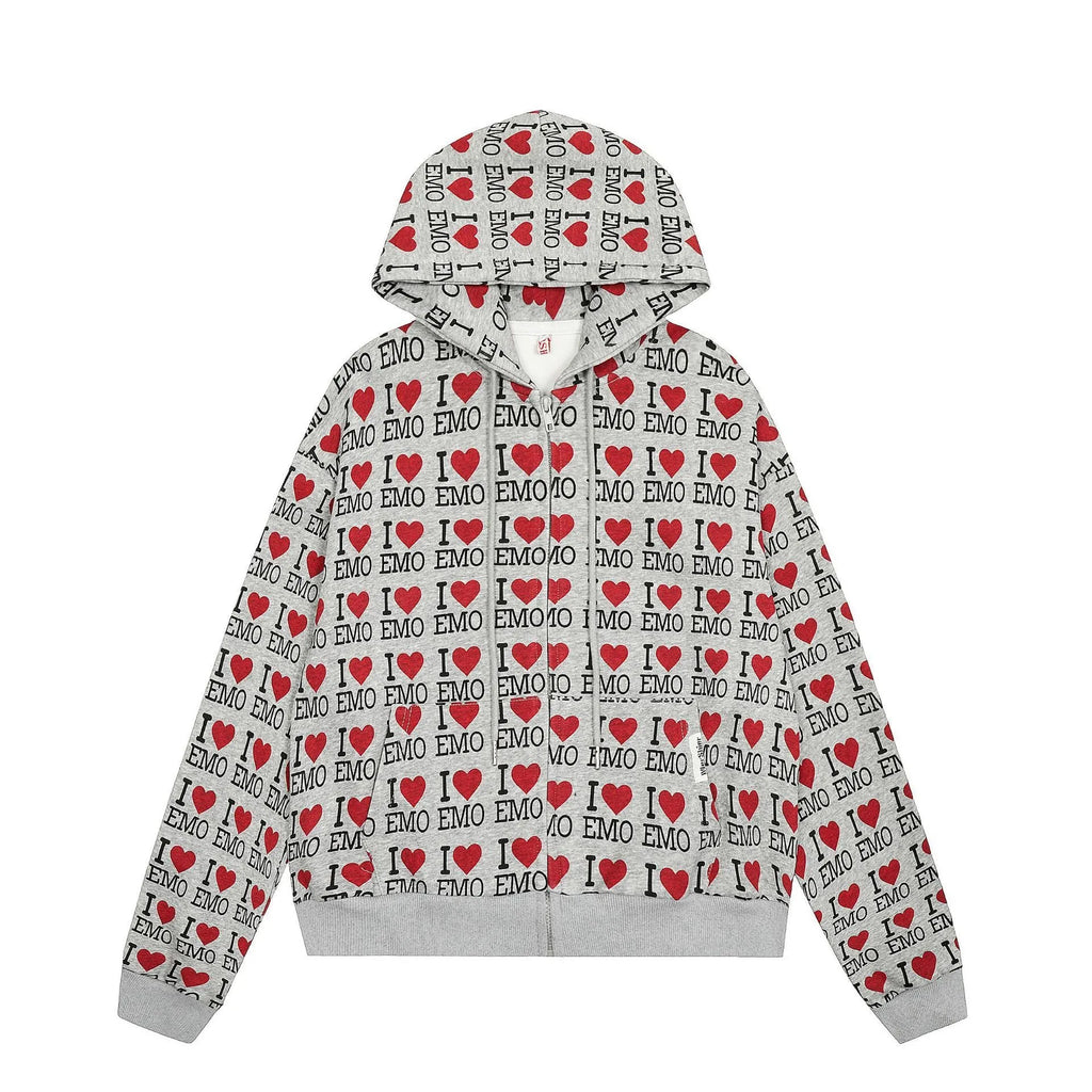 Women's melange grey hooded cardigan with a retro pattern, long sleeves, and a cotton build.