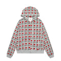 Women's melange grey hooded cardigan with a retro pattern, long sleeves, and a cotton build.