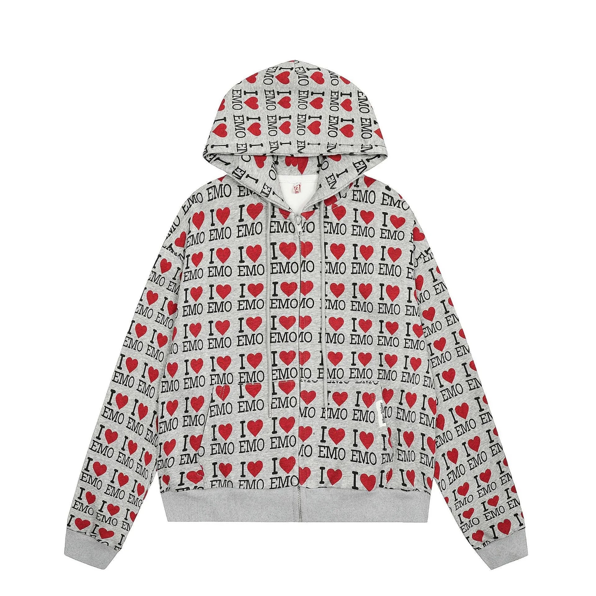 Women's melange grey hooded cardigan with a retro pattern, long sleeves, and a cotton build.