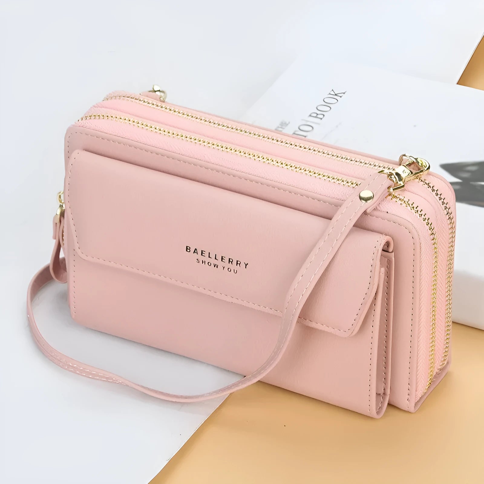 Ladies long wallet in PU leather with double zipper, horizontal square shape, shown in multiple colour options