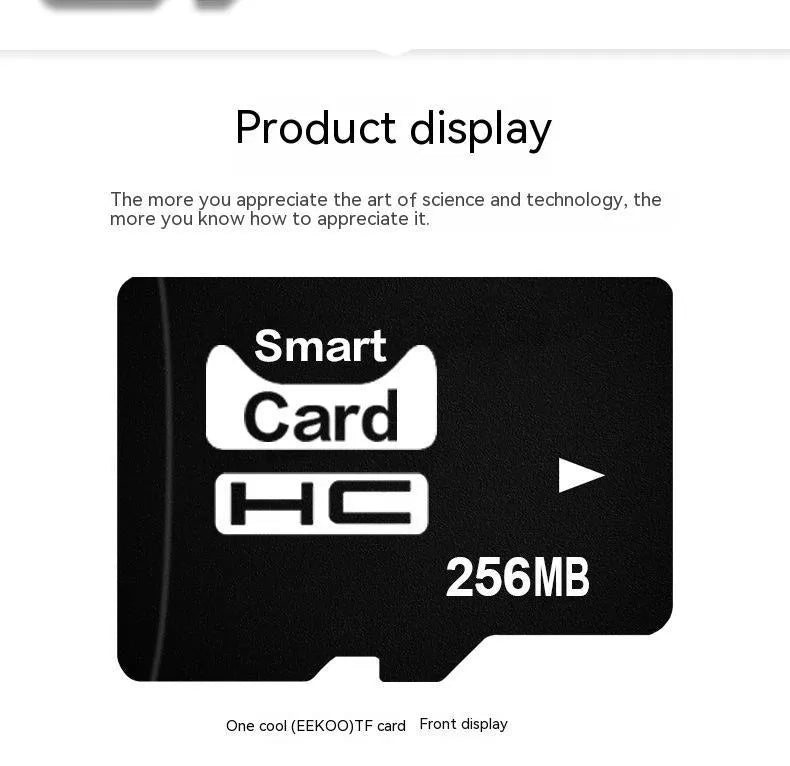 256MB TF memory card with packaging, shown next to compatible devices like an MP3 player and camera.