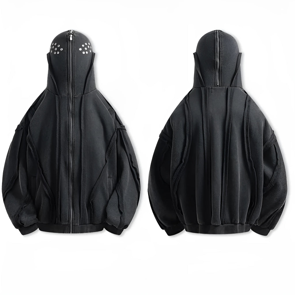 Black loose fit men's padded cardigan coat with zip front and hood