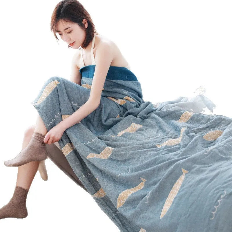 Pure cotton five-layer gauze bed sheet blanket with roulette wheel blue pattern in modern simple style