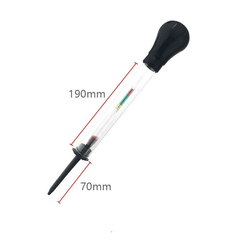 Electrohydraulic hydrometer with glass construction and suction mechanism for battery electrolyte testing