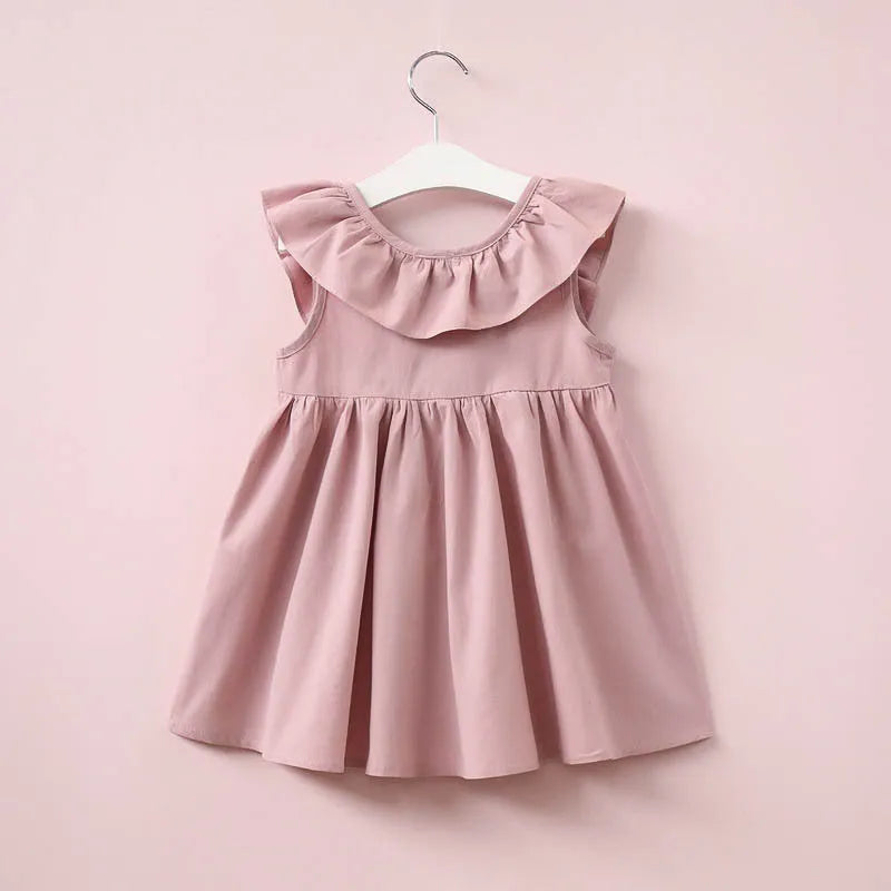 Children's sleeveless one-piece dress in cotton and rabbit fur, pink colour, lotus leaf skirt style for summer