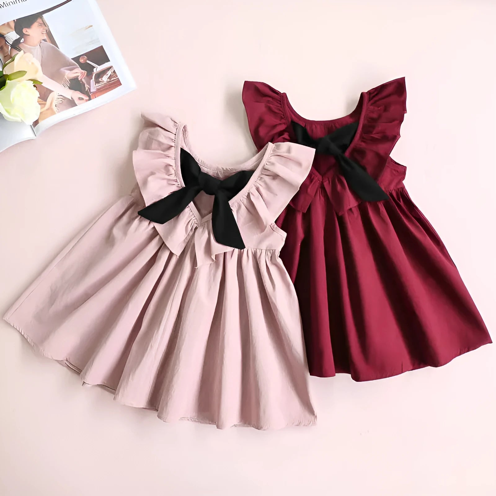Children's sleeveless one-piece dress in cotton and rabbit fur, pink colour, lotus leaf skirt style for summer