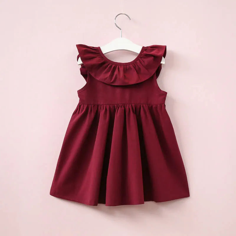 Children's sleeveless one-piece dress in cotton and rabbit fur, pink colour, lotus leaf skirt style for summer