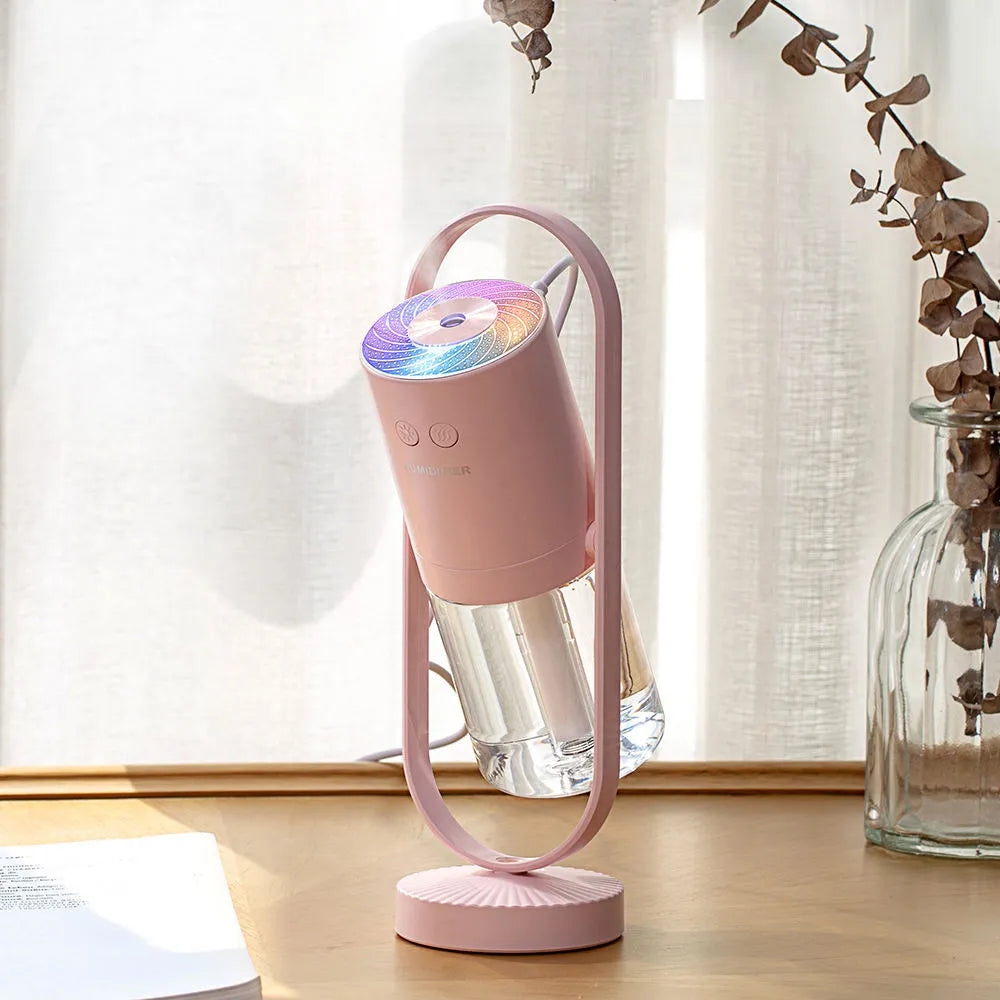 200ml portable USB humidifier with colourful light showing pink, dark blue, sky blue, and white colour options