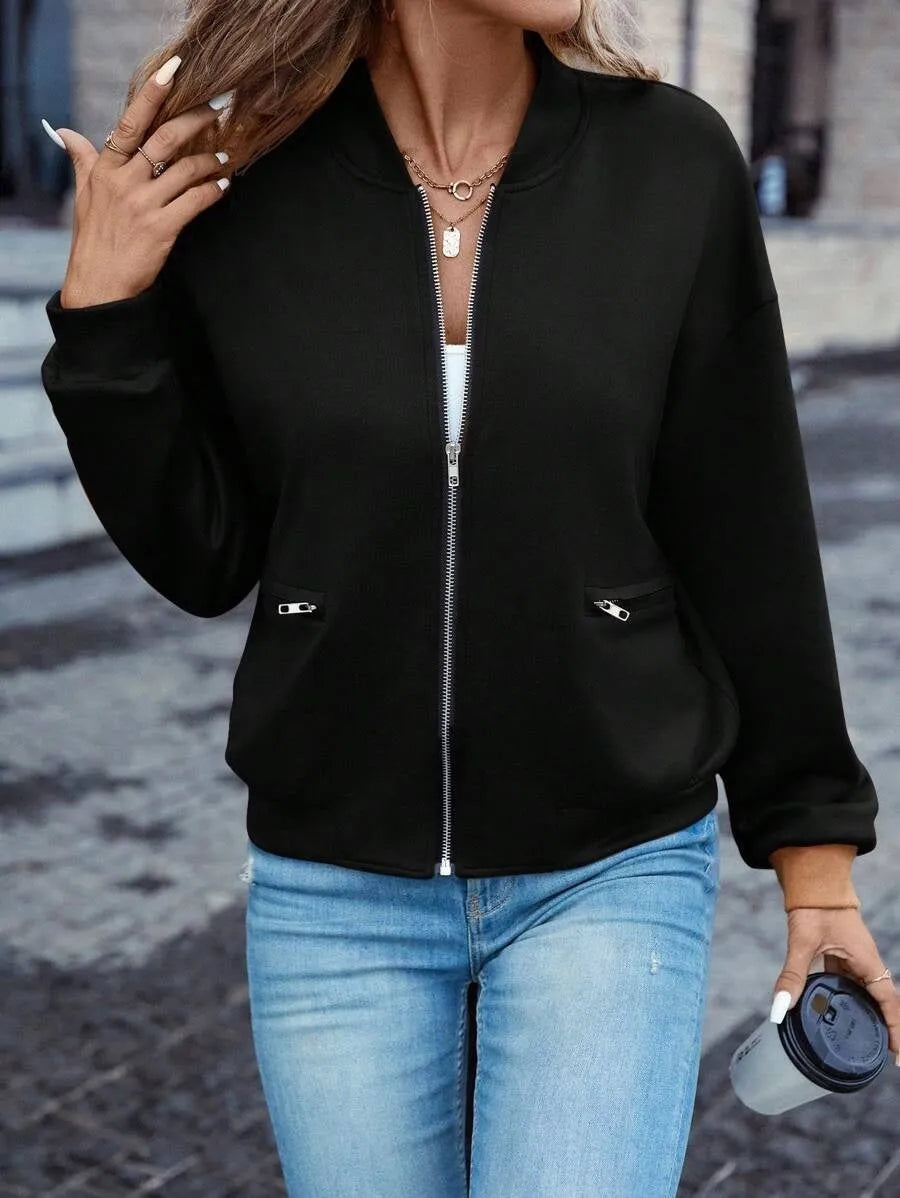 Black women's long sleeve zip-up casual jacket with faux pockets