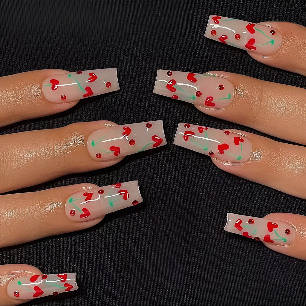 Red diamond and small cherry design nail art armour sheets, 24 pieces with adhesive