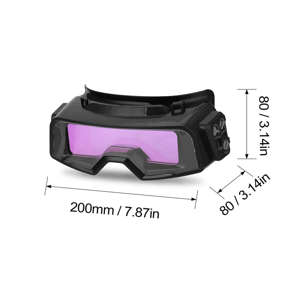 Black automatic darkening welding mask with large viewing lens and headstrap.