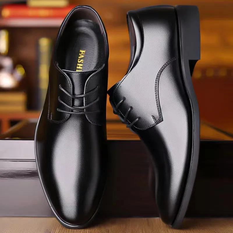 Men's leather business formal shoes with pointed toe and PVC sole in black and brown colour options, sizes 38-46