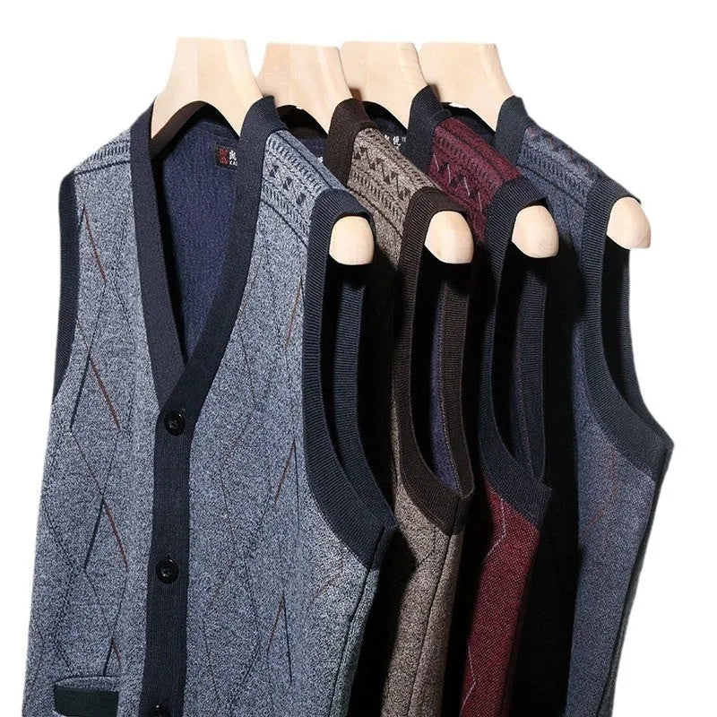 Men's fleece lined V-neck sweater vest in M06 wine red – loose fit straight hem polyester knit waistcoat for winter daily wear