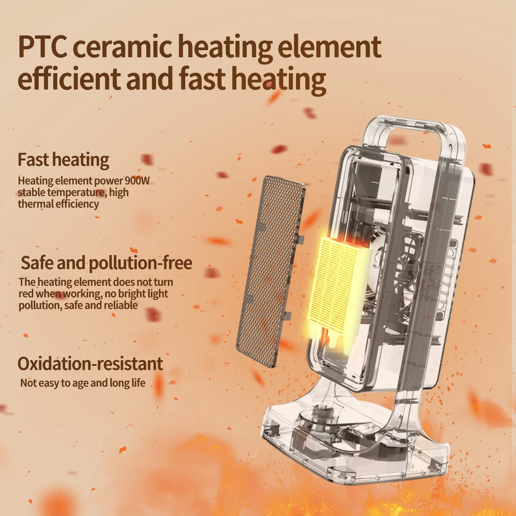 Black PTC ceramic desktop air heater measuring 14.9 x 11.1 x 33.5 cm