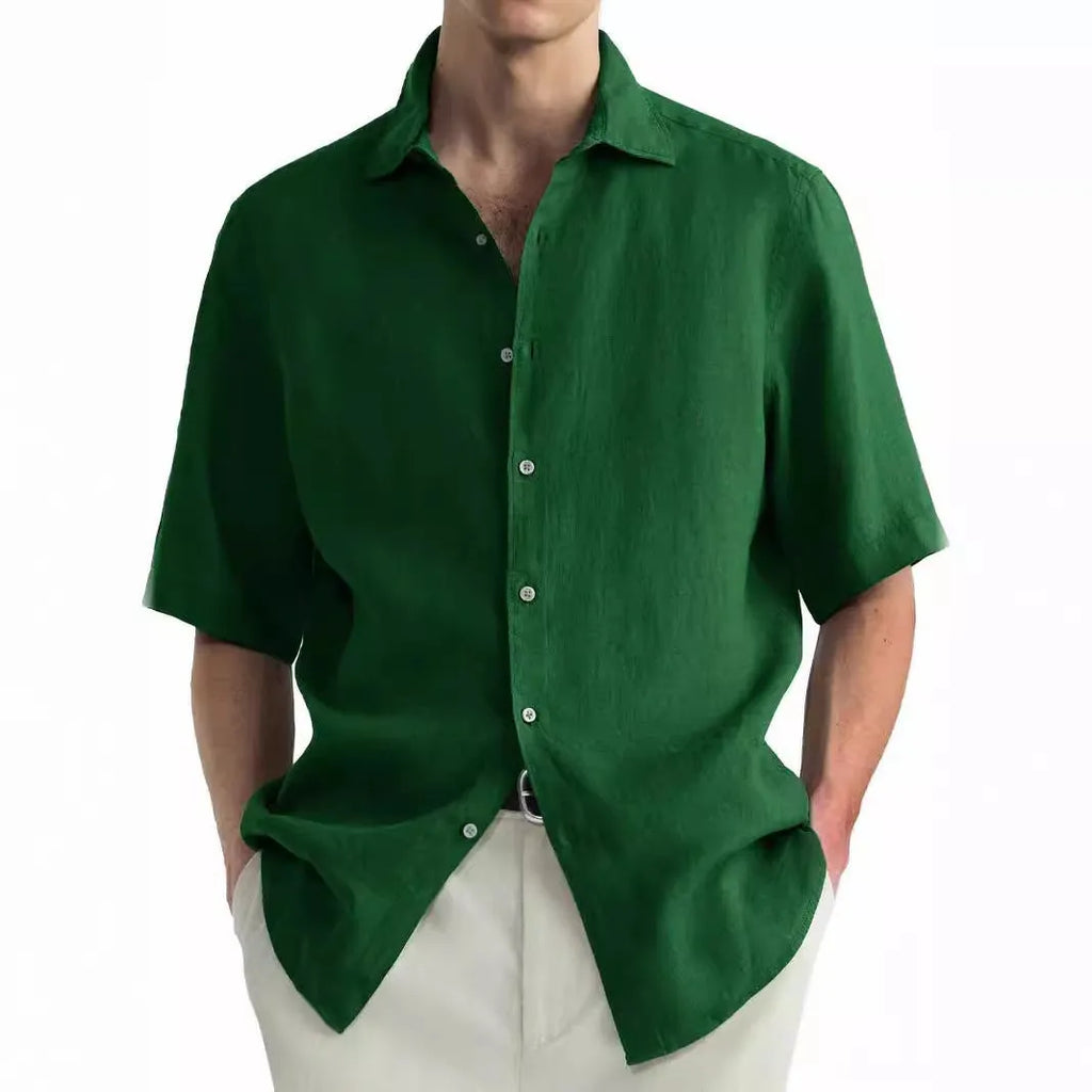 Men's green washed cotton casual shirt in cardigan style showing regular fit and pure cotton fabric