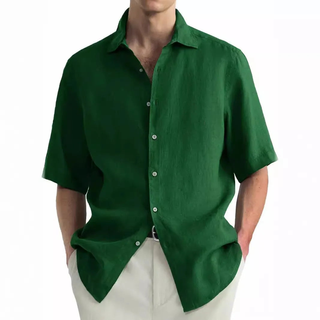 Men's green washed cotton casual shirt in cardigan style showing regular fit and pure cotton fabric