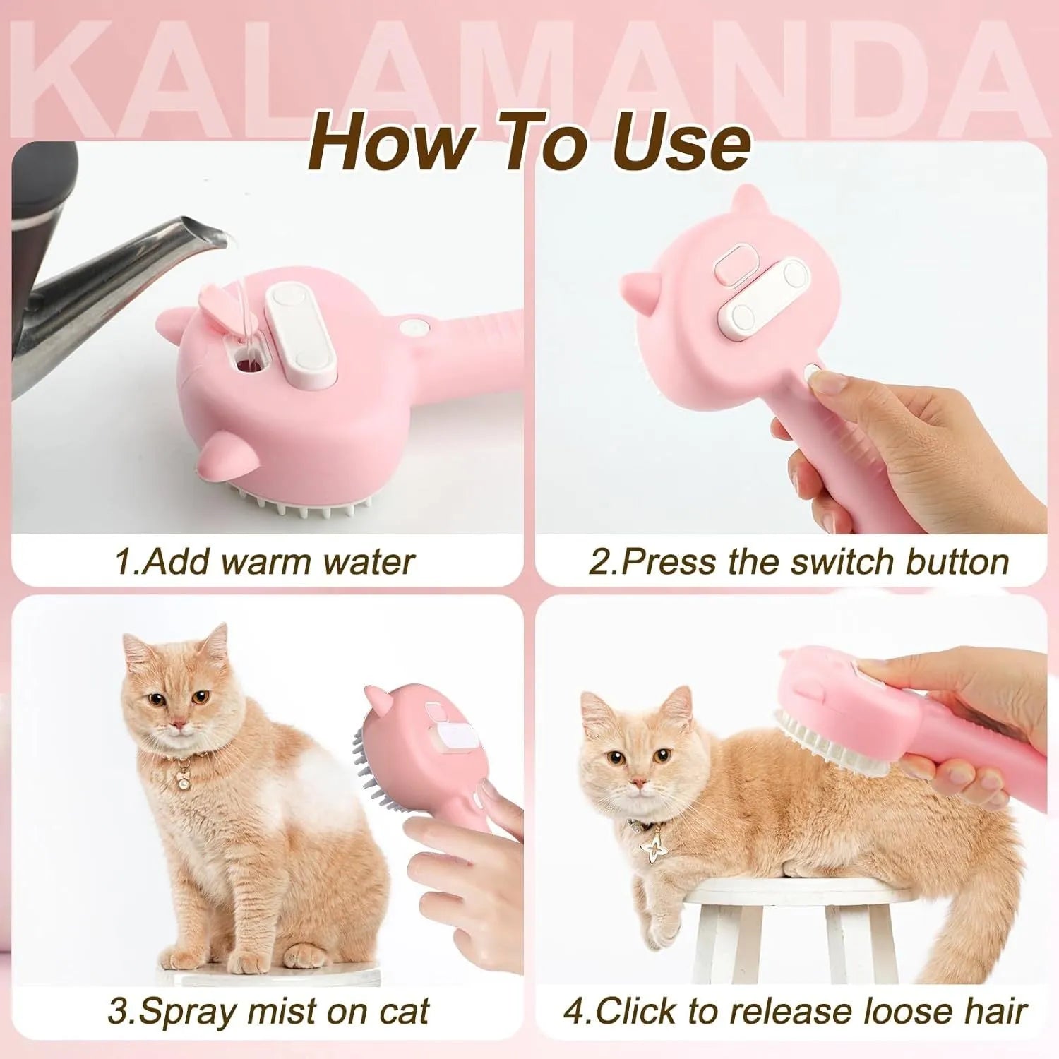 Blue cat ear-shaped steam brush with rubber bristles and release button for pet grooming