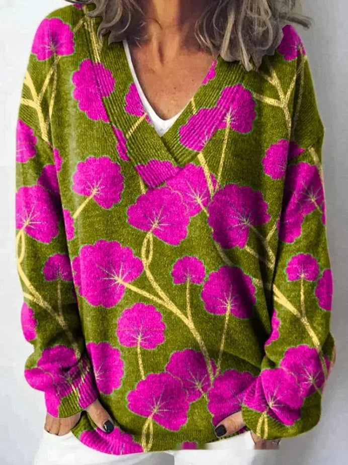 Women's V-neck long sleeve sweatshirt with a detailed 3D floral print pattern.