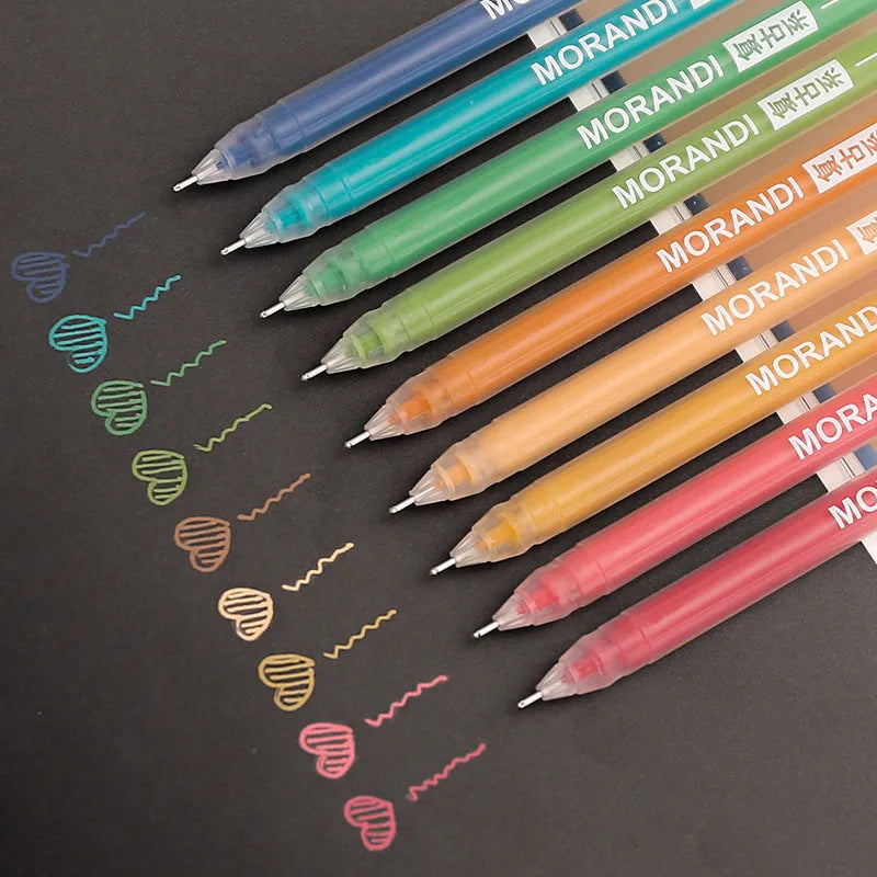 Set of nine colourful retro-style gel pens with 0.5mm needle tips, arranged in Nordic, Salt, Sweet, and Retro designs.