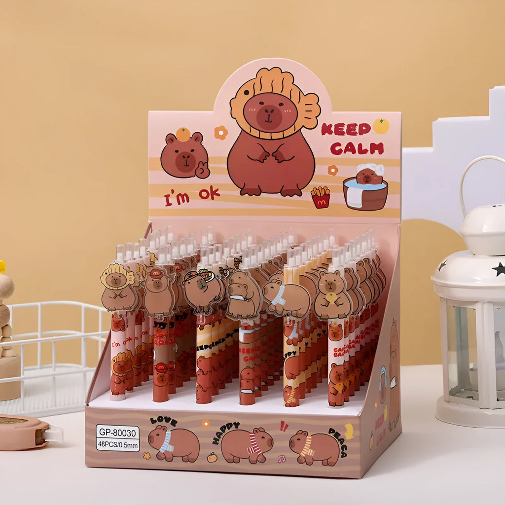 Cartoon bear acrylic paster pressing gel pen set showing 48 pens with plastic shells and carbon black ink