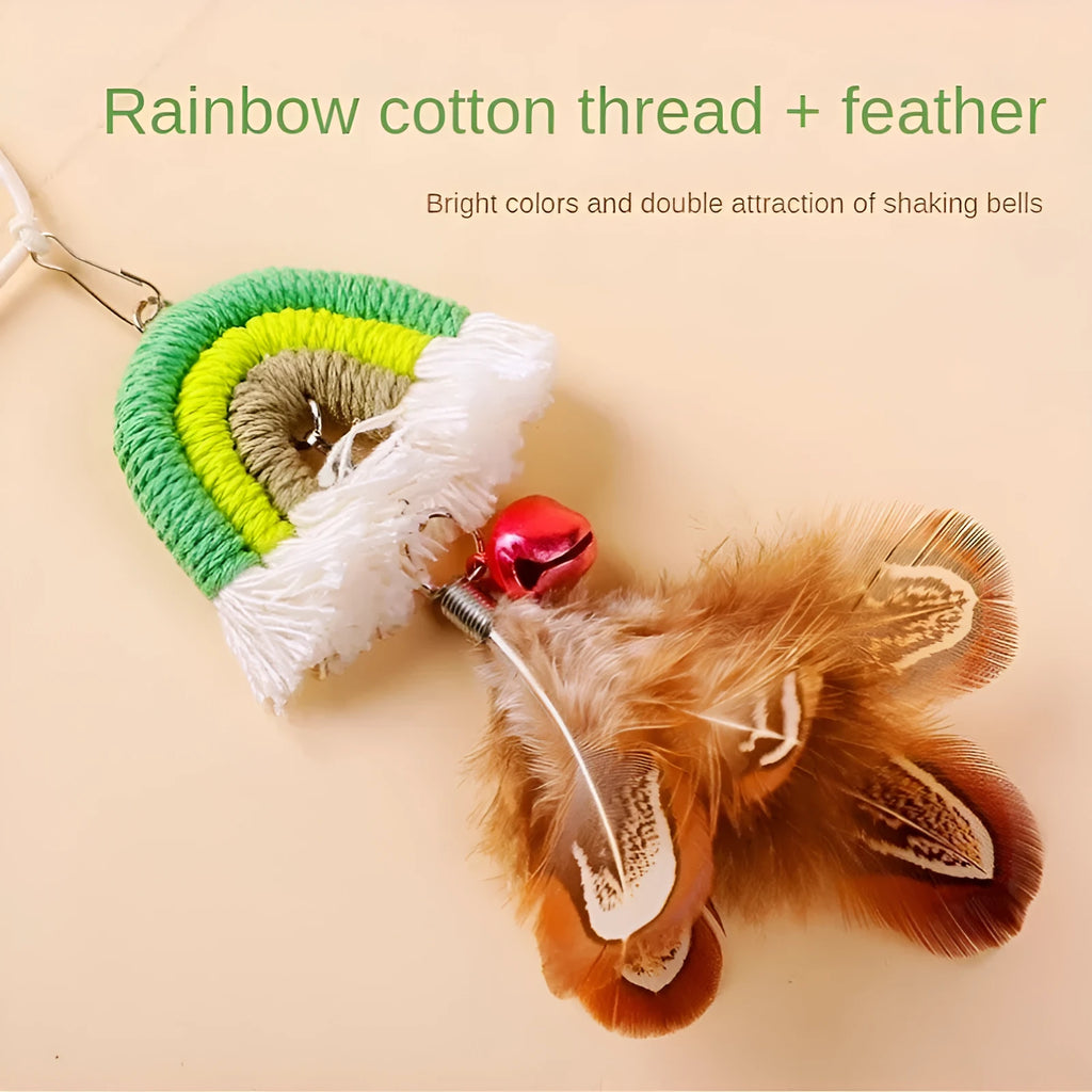 Feather cat rope toy with elastic door swing and sticky buckle clamp in blue, green, or pink colours