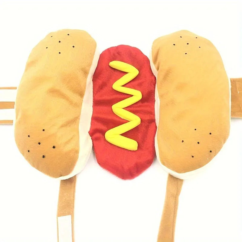 Small dog wearing funny hot dog costume with fleece lining for winter indoor events