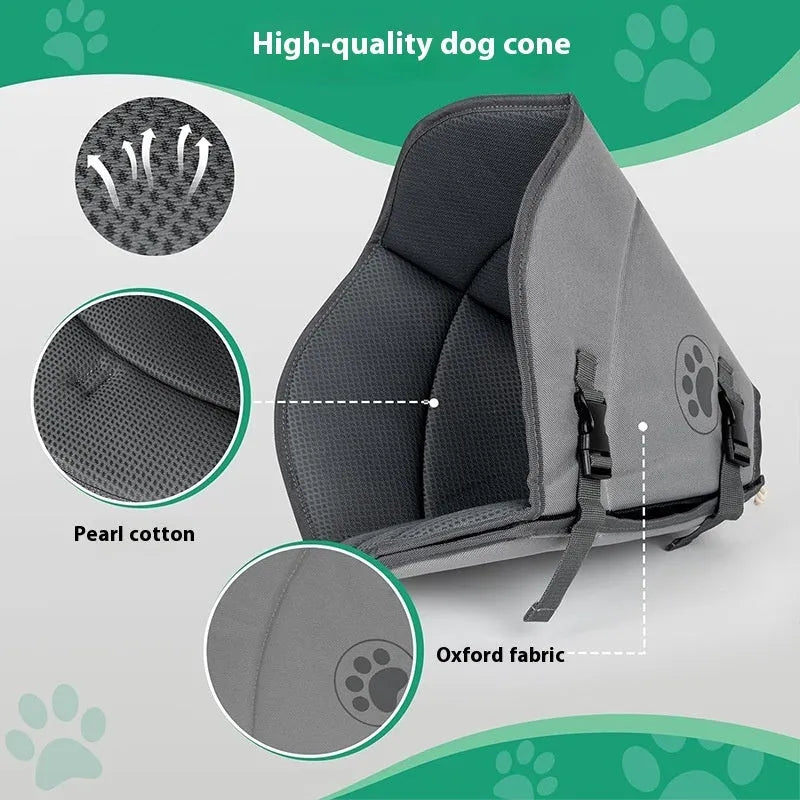 Adjustable soft fabric collar for pet sterilisation recovery, shown in a casual style.