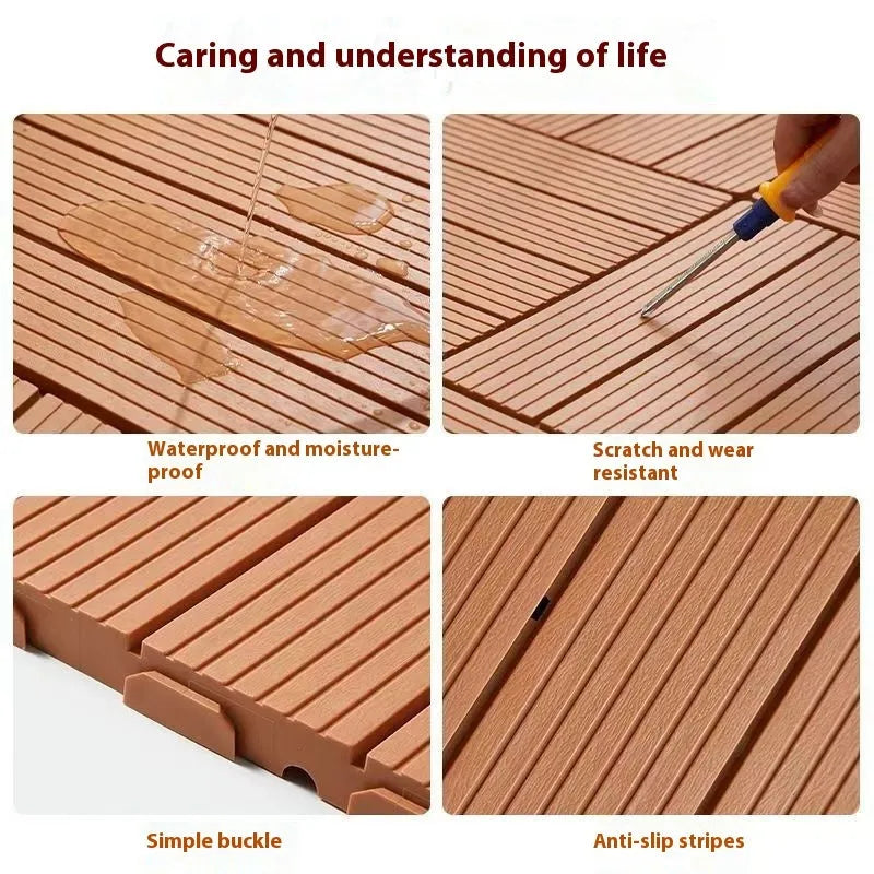 Plastic floor tile with wood grain pattern, showing non-slip surface, 300mm square dimensions.