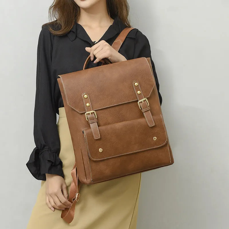 Korean retro style simple backpack in soft PU material showing ventilation features