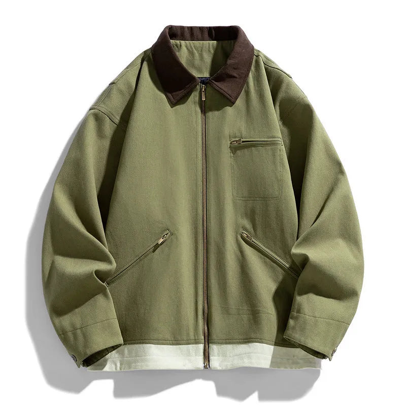 Korean style men's jacket with contrast lapels in polyester fabric with side seam pockets