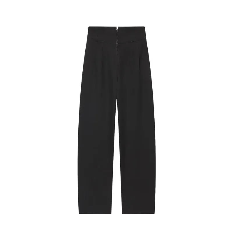 Women's black nylon high-waist zip-front straight-leg trousers on model
