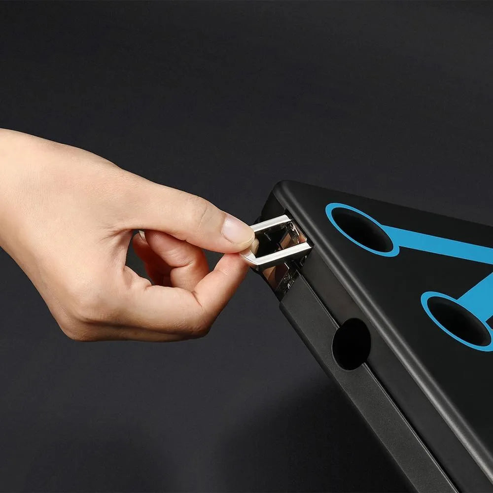 Yunmai push-up stand in black with two armrests and support board on floor