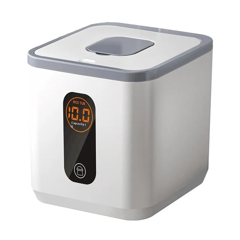 Grey plastic insect-proof rice storage jar with a measuring cup, shown in different size options.