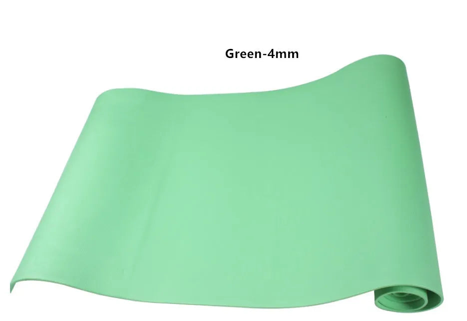 EVA foam yoga mat in blue, showing textured anti-slip surface, with a black OPP storage bag beside it.
