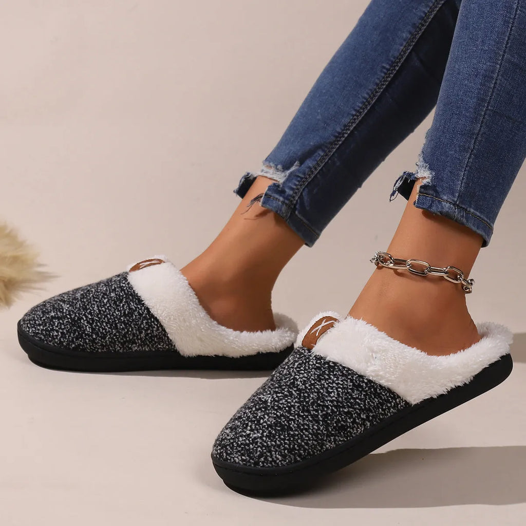 Winter plush slippers with thick bottom and round toe, unisex indoor house shoes in burgundy color
