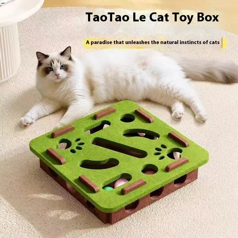 Green brown felt cat toy box with self-hi feature measuring 30cm square