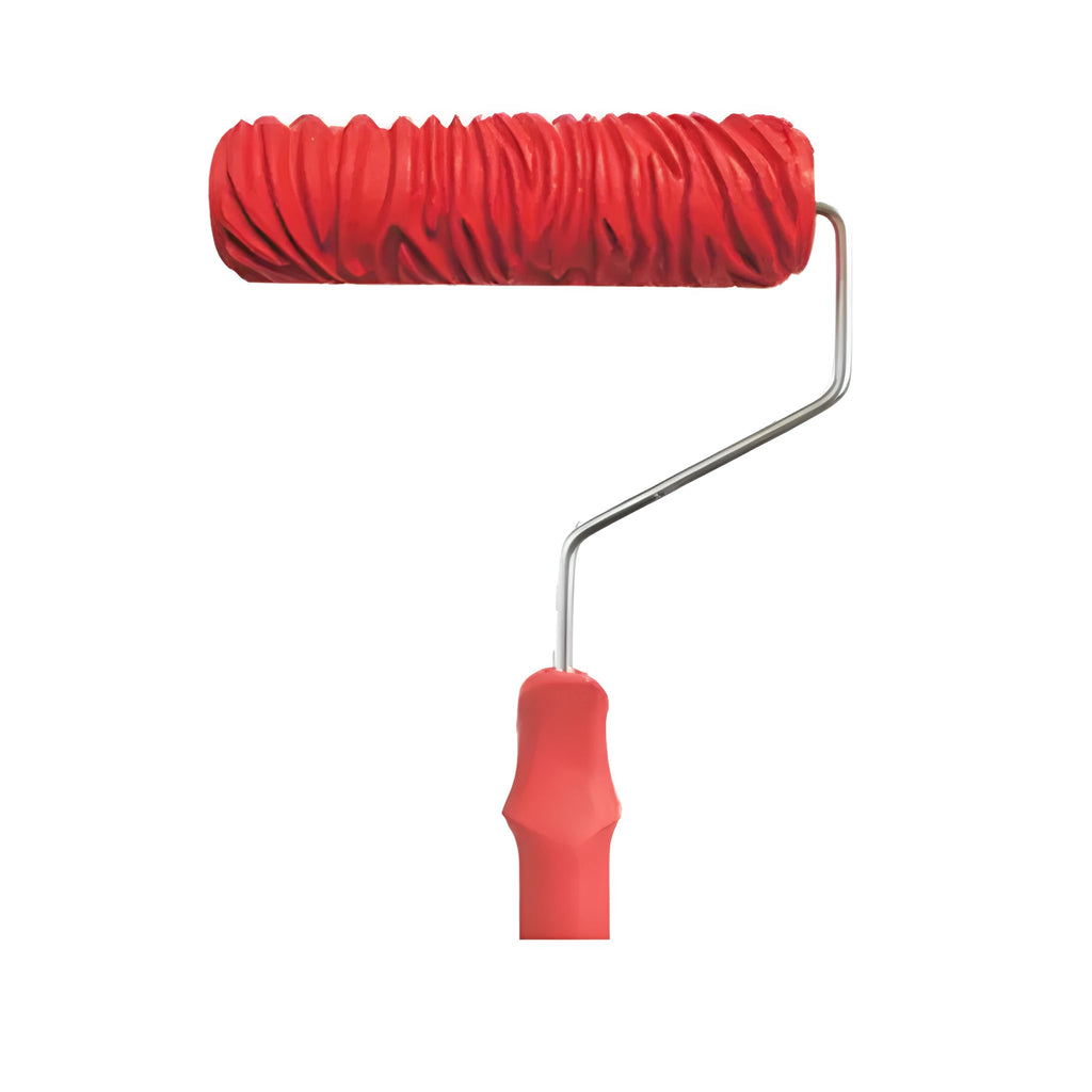 Red 7 inch texture paint embossing roller with patterned rubber sleeve for DIY wall painting.