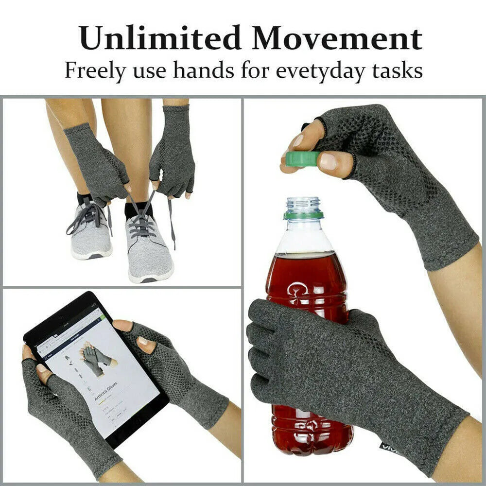 Grey half-finger compression gloves with anti-slip palm grips, shown laid flat.