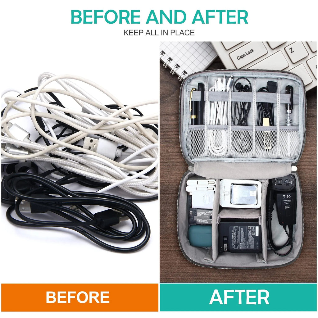 Black waterproof electronics travel organizer case open, showing mesh pockets, elastic loops and removable padded dividers.