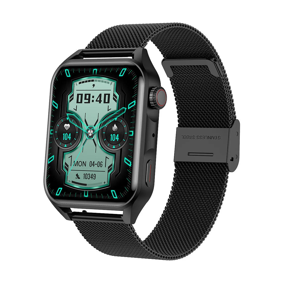Pink HD AMOLED NFC smart watch with a silicone strap on a wrist, showing a multi-dial screen.