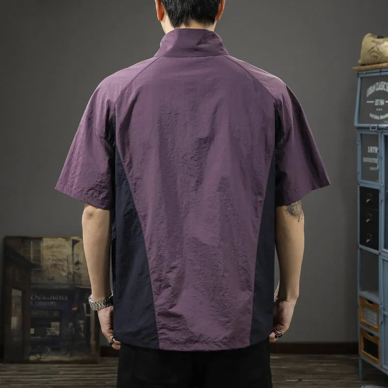 Brown men's half-zipped stand collar business shirt with short sleeves and fleece-lined construction